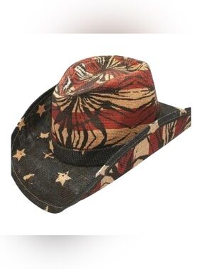 Star Print Straw Cowboy Hat in Black and Red